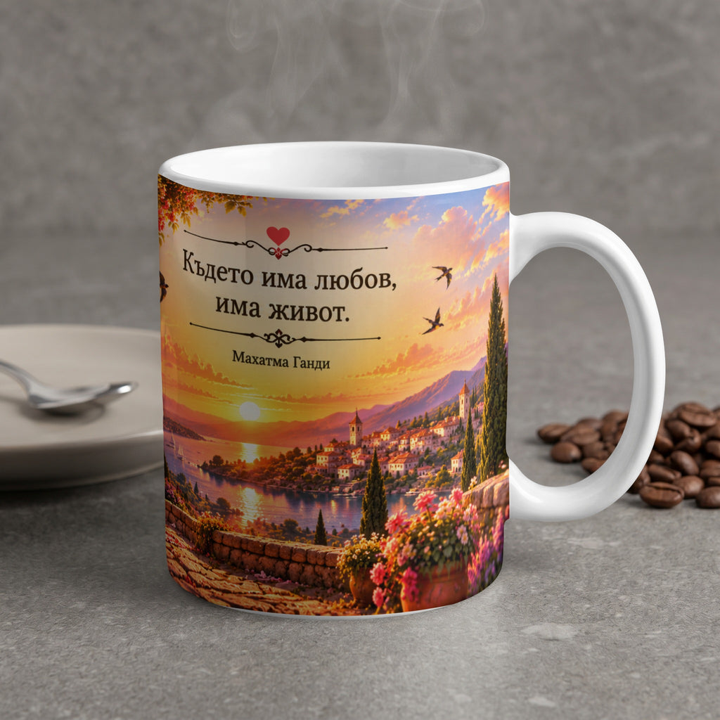 White mug with sunset village scene and Bulgarian quote: "Where there is love, there is life."