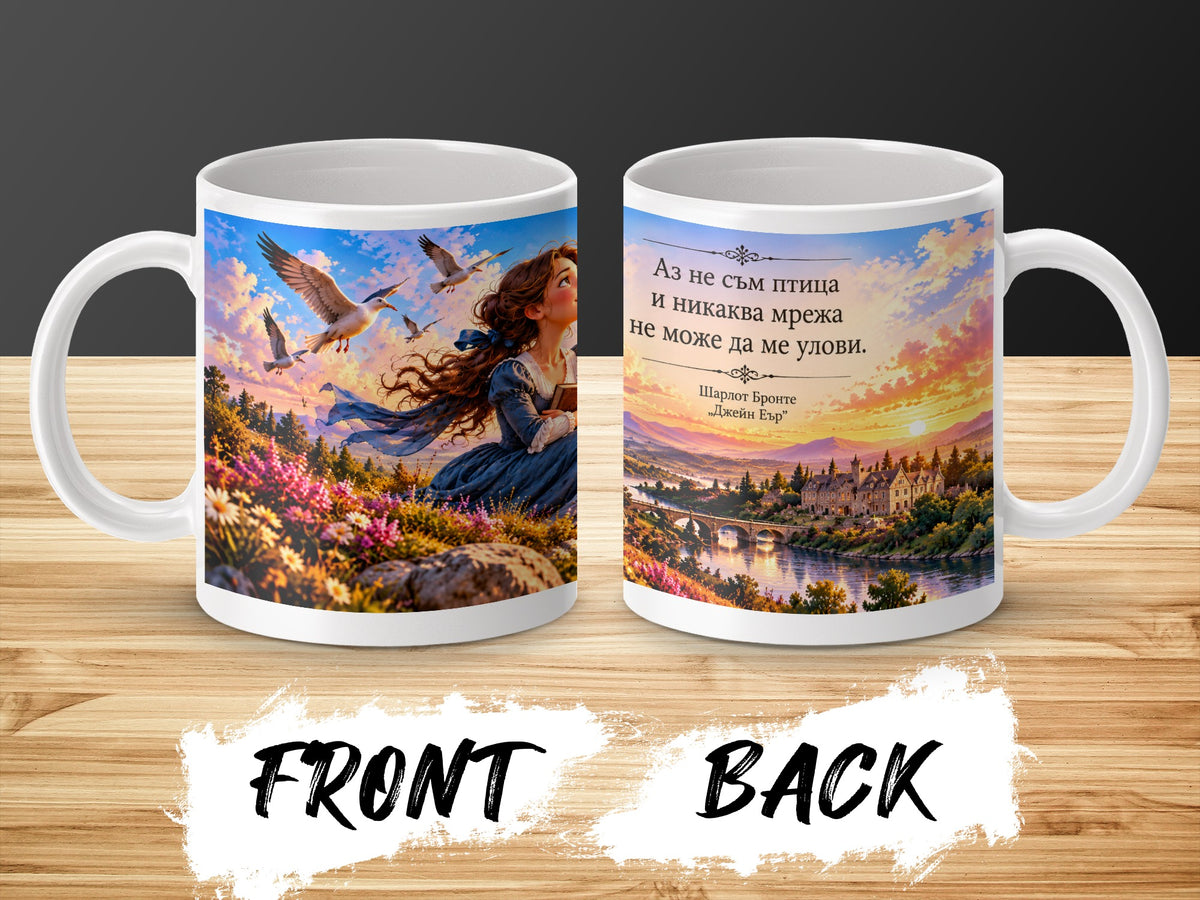 Mug with Jane Eyre quote and illustrations of a girl, birds, and a landscape.