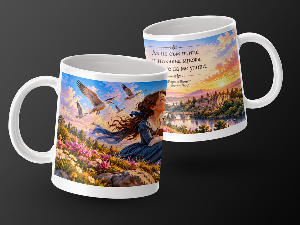 Mug with Jane Eyre quote and illustration of a woman, birds, and a castle by a river.