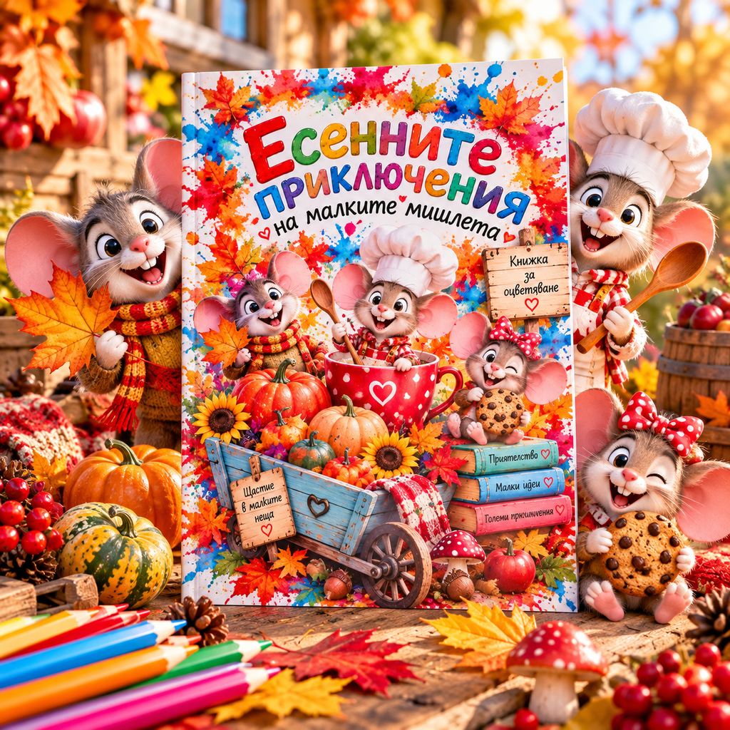Есенните приключения на малките мишлета – детска книжка за оцветяване | 20 страници