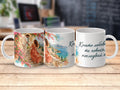 White mug with romantic couple on stairs, coastal town, and Bulgarian text.