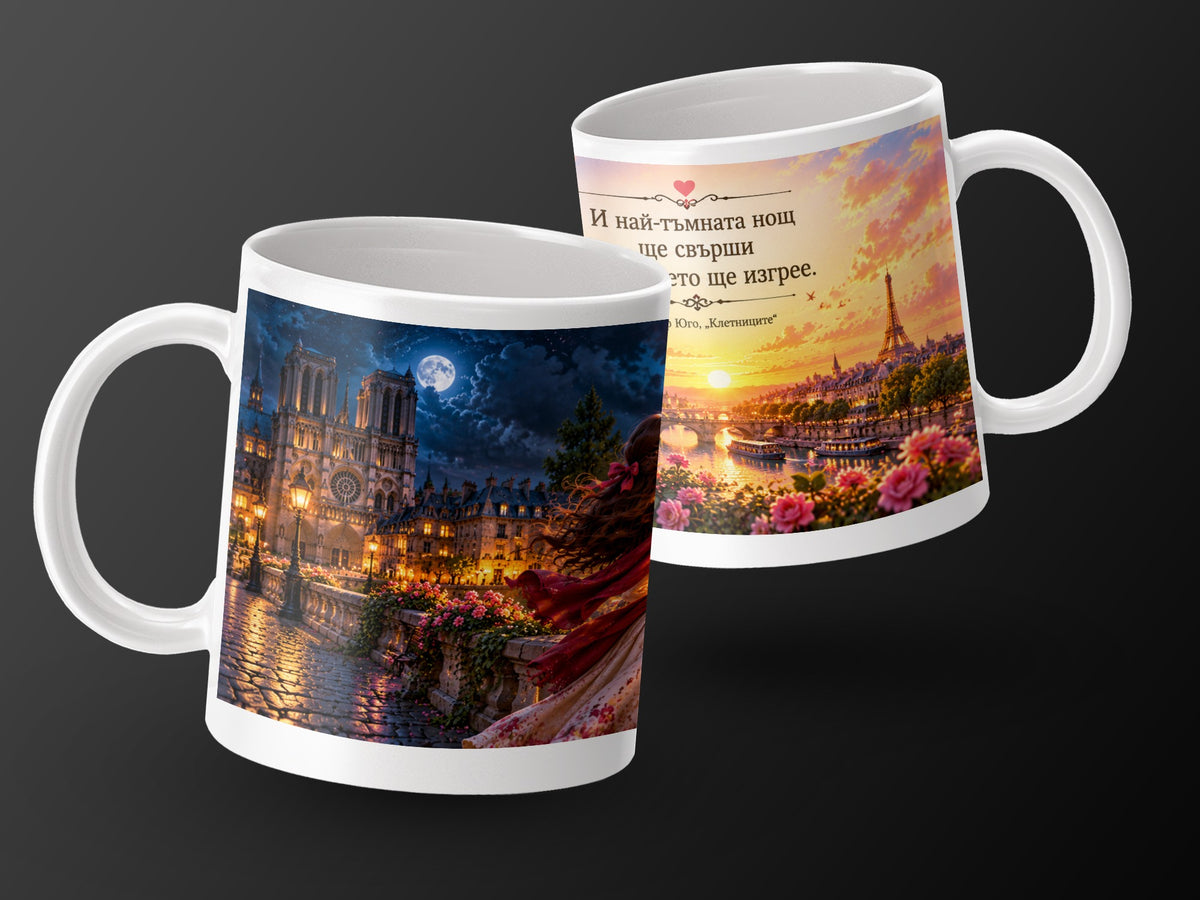 Two mugs featuring Parisian landmarks and floral designs with Bulgarian text.