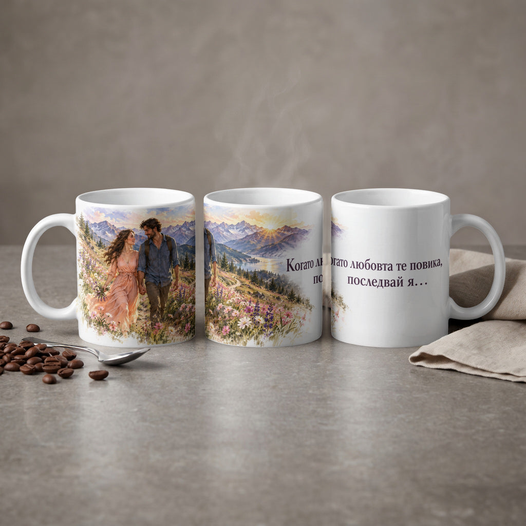 White mug with couple in mountain landscape and text "When love calls you, follow..."