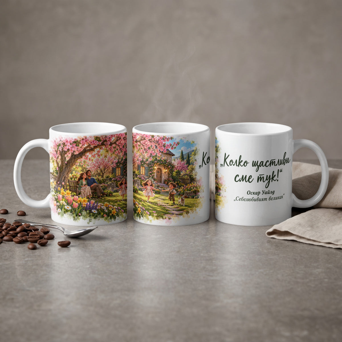 Mugs with illustrations of a family and children in a garden, and text "How happy we are here!"