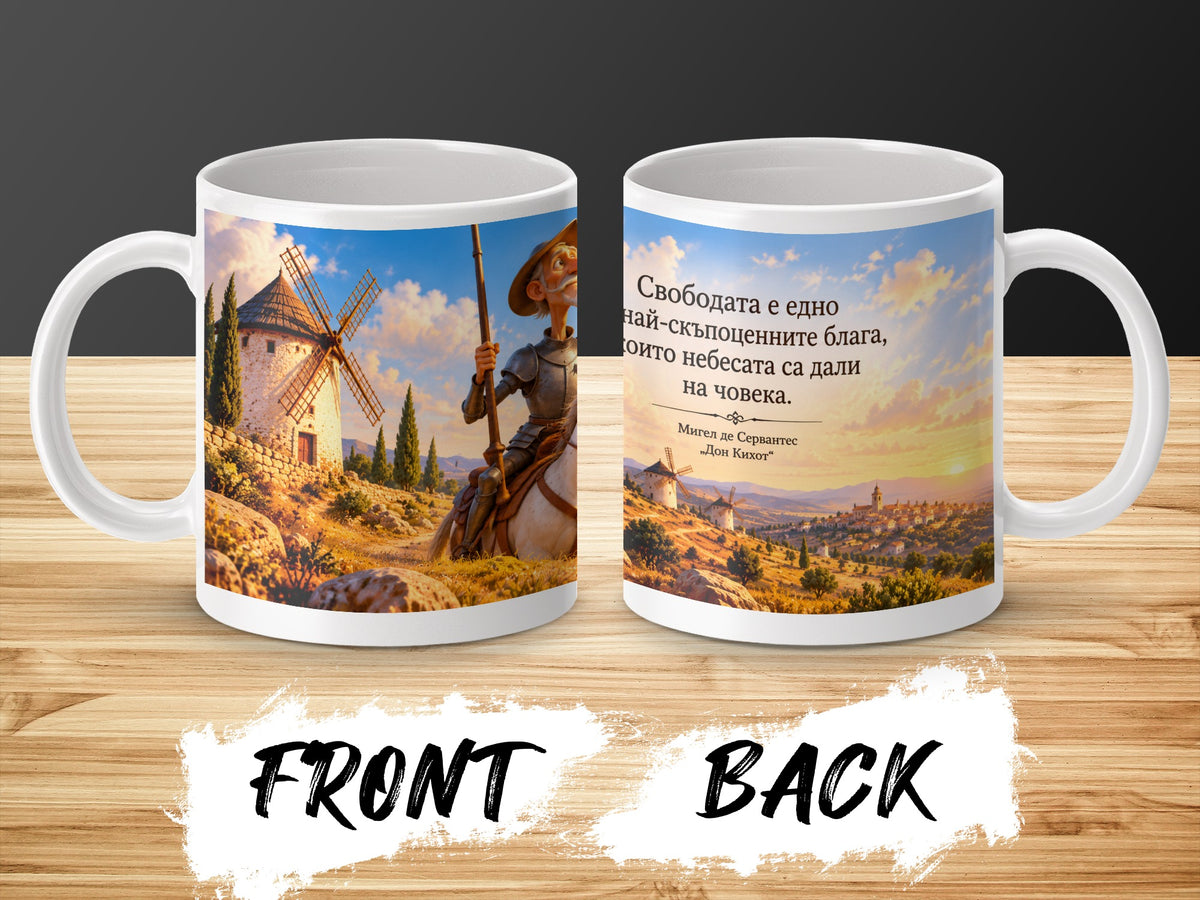 Mug with Don Quixote on horseback facing windmills and text in Bulgarian.