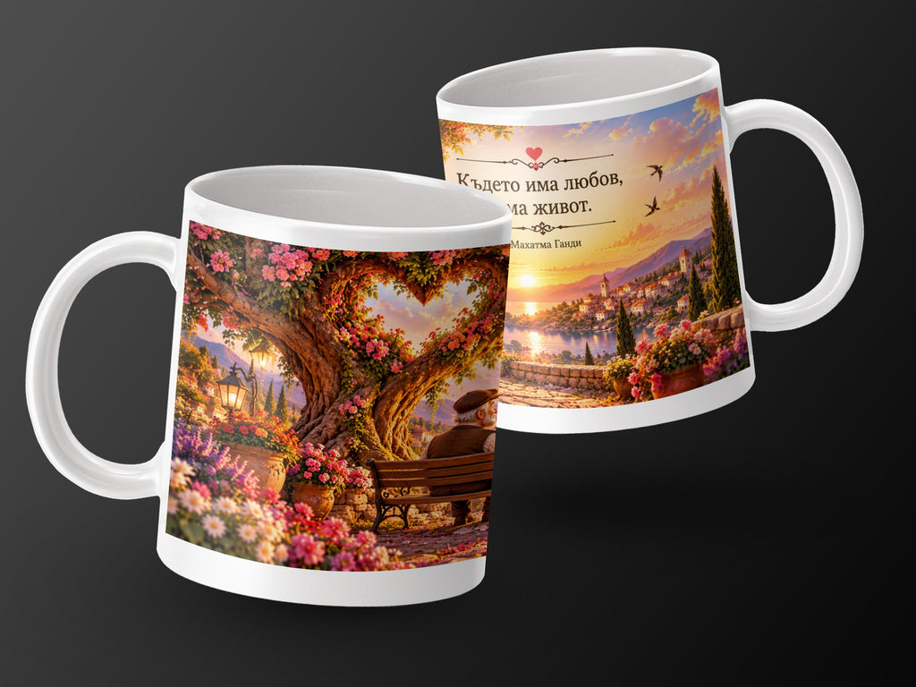 Mugs with scenic art and quote "Where there is love, there is life. - Mahatma Gandhi".