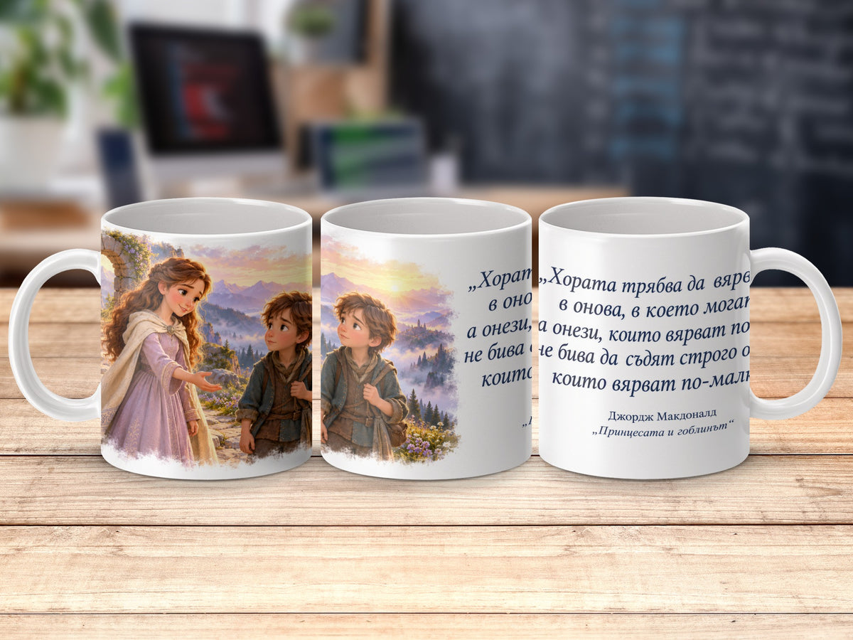 Mug with illustrations of children and Bulgarian text from "The Princess and the Goblin".