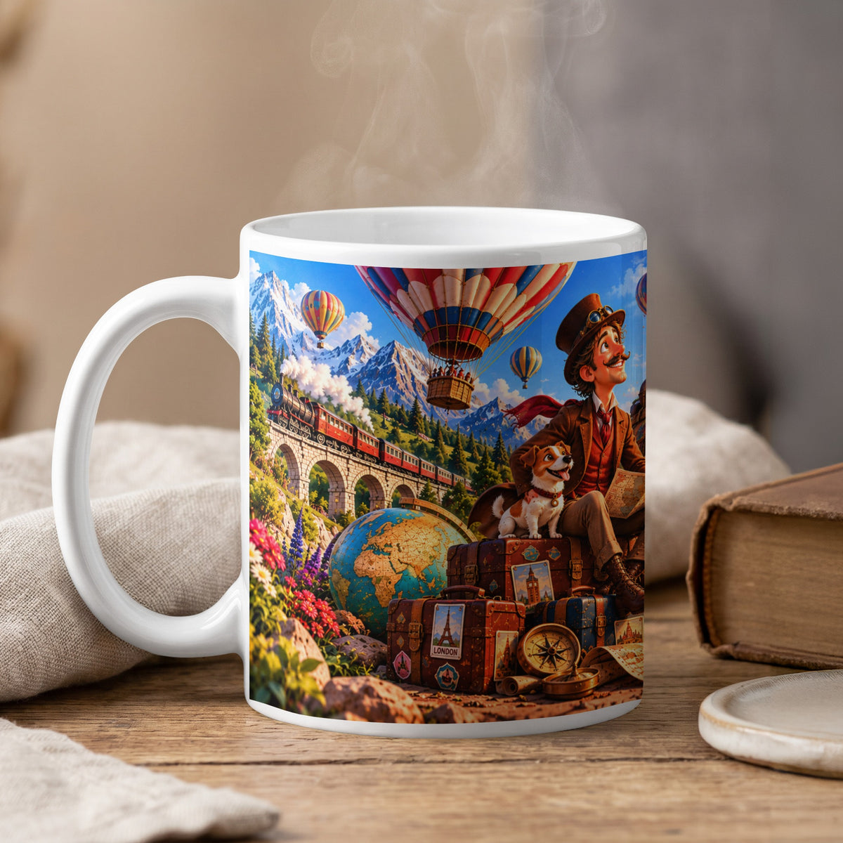 Mug with steampunk adventurer, dog, hot air balloons, train, globe, and luggage.