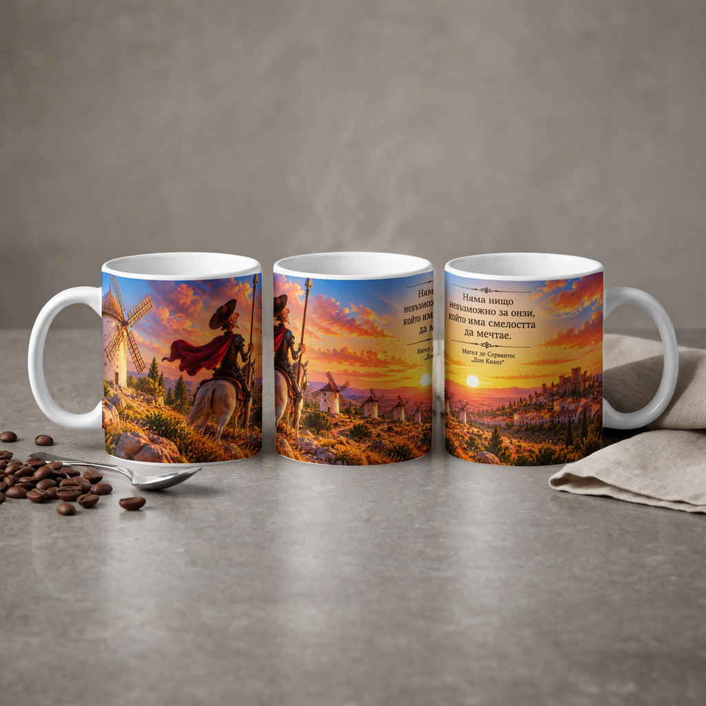 Mugs with artwork of Don Quixote and windmills with Bulgarian text.