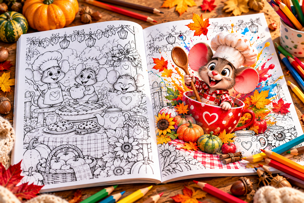 Есенните приключения на малките мишлета – детска книжка за оцветяване | 20 страници
