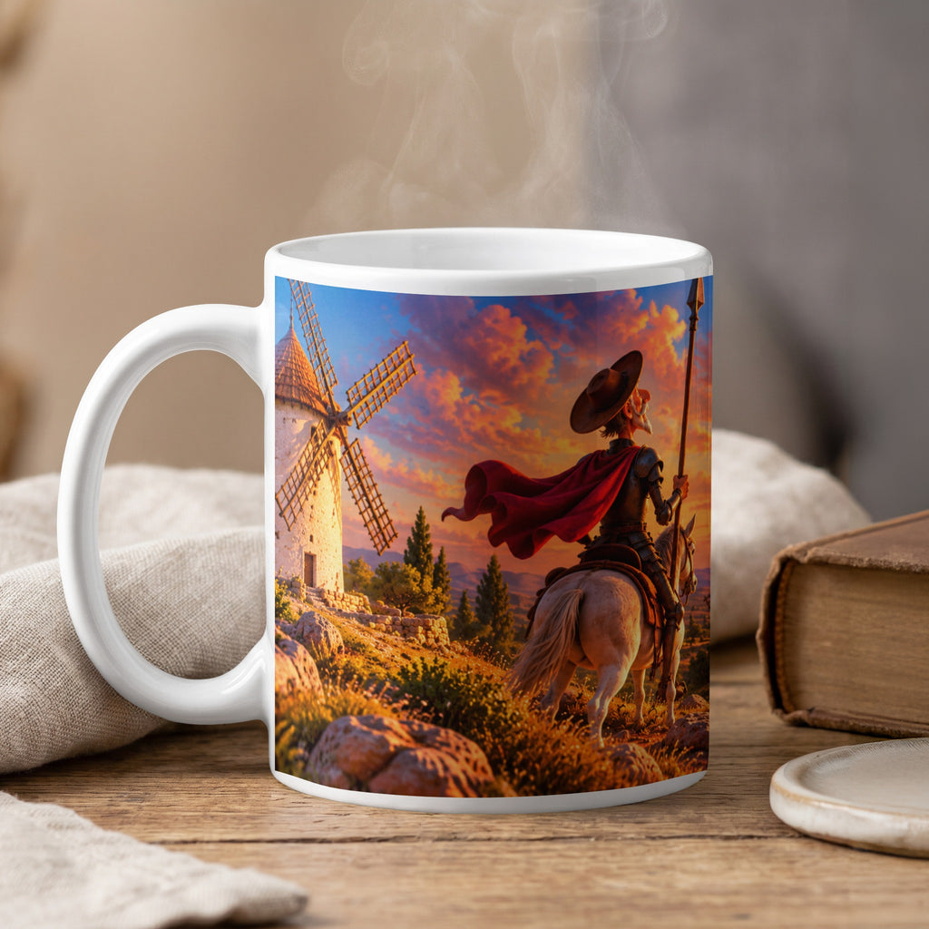 Don Quixote on horseback with spear in front of windmill and sunset.