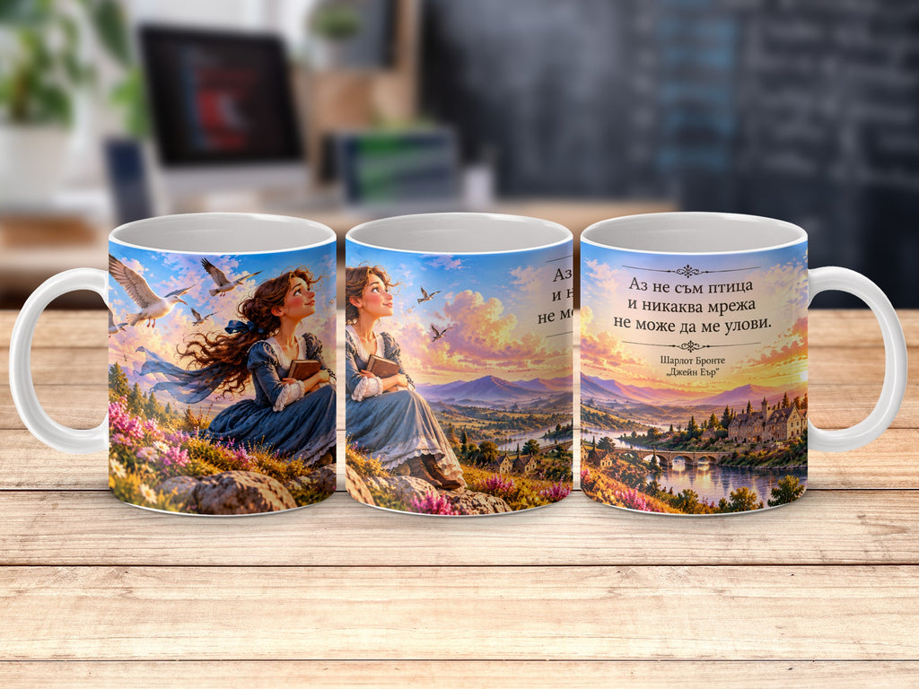 Mug with Jane Eyre illustration and quote "I am no bird and no net ensnares me."