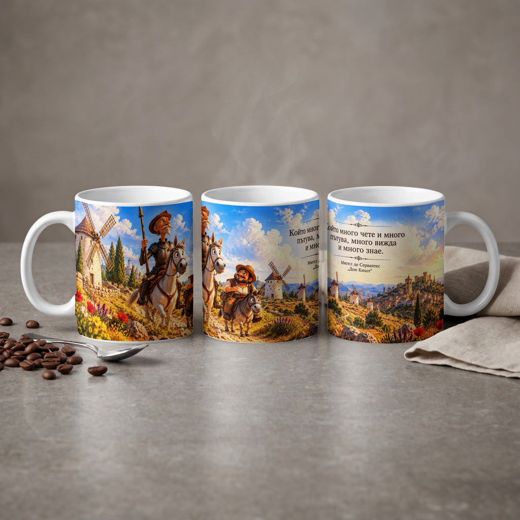 Mug with Don Quixote riding a horse near windmills, and text in Cyrillic.