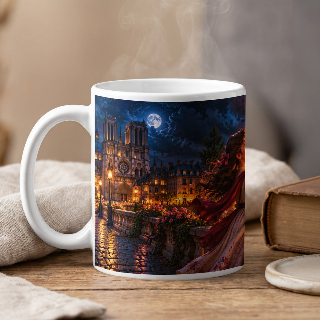Mug featuring Notre Dame at night, a woman in a red cloak, and the full moon.