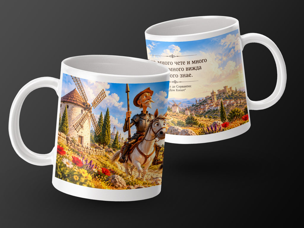 Mug featuring Don Quixote on a horse with windmills and a castle.