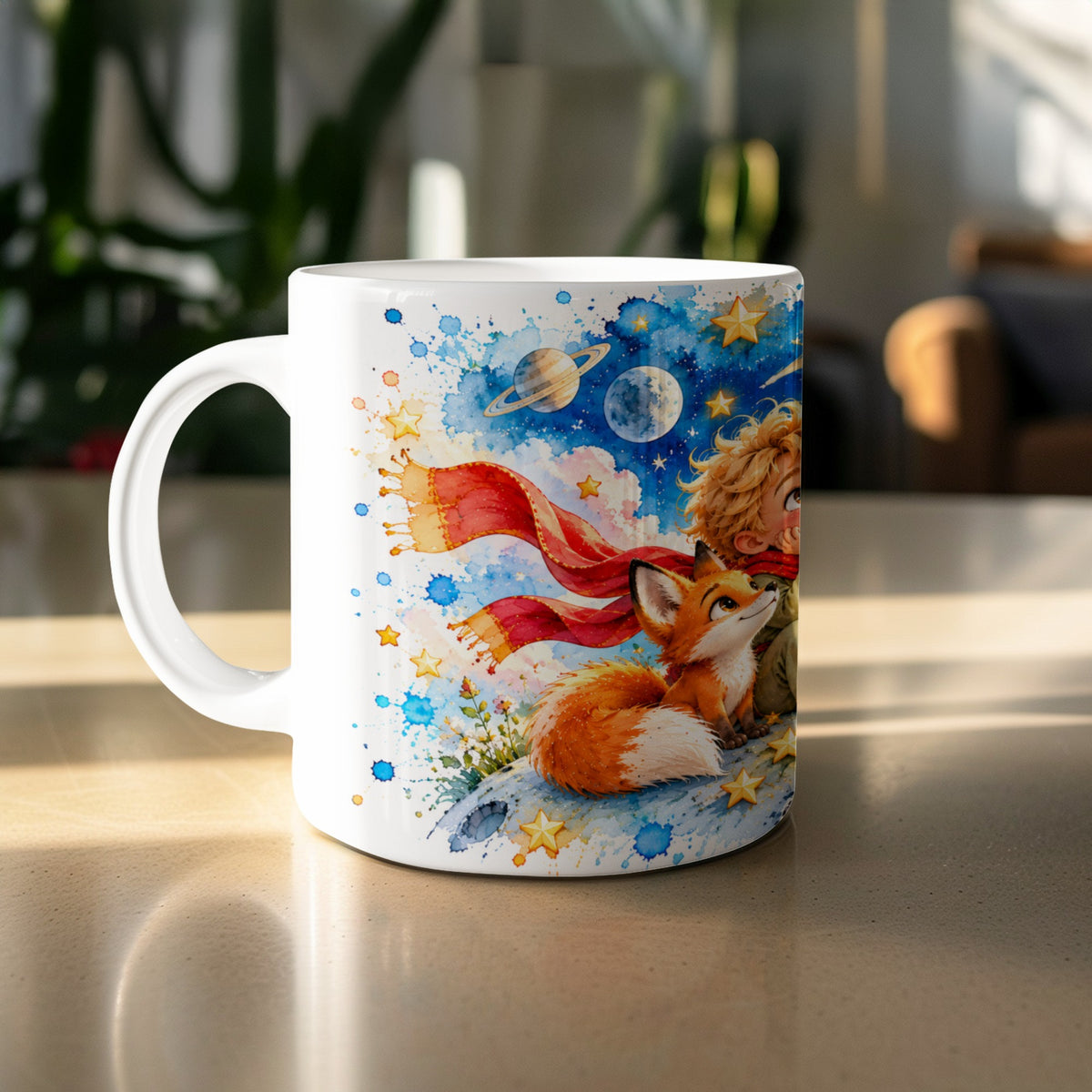 White mug with watercolor illustration of the Little Prince and his fox with planets and stars.