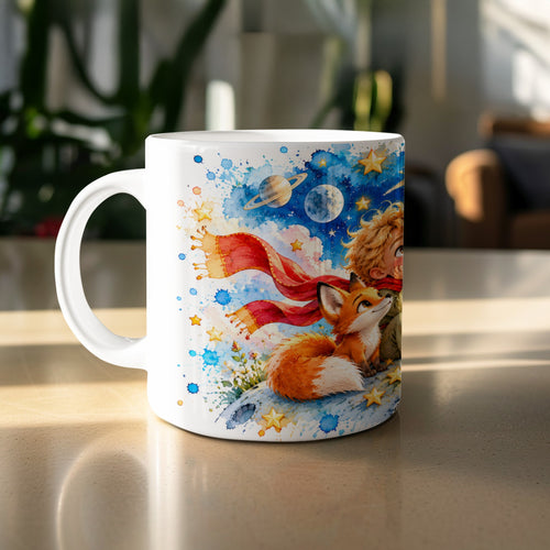 White mug with watercolor illustration of the Little Prince and his fox with planets and stars.