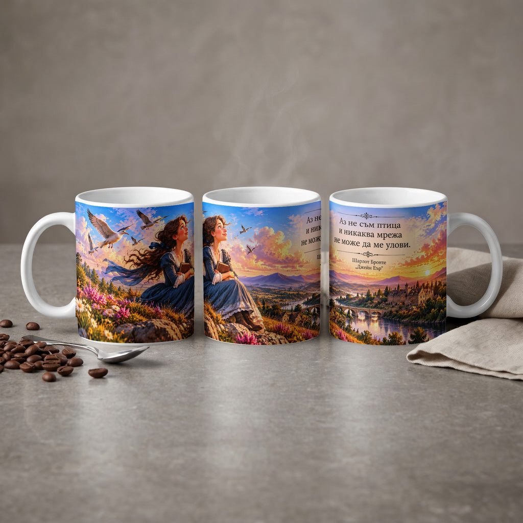 Three mugs feature artwork of a woman in a blue dress with birds, and text in Bulgarian.