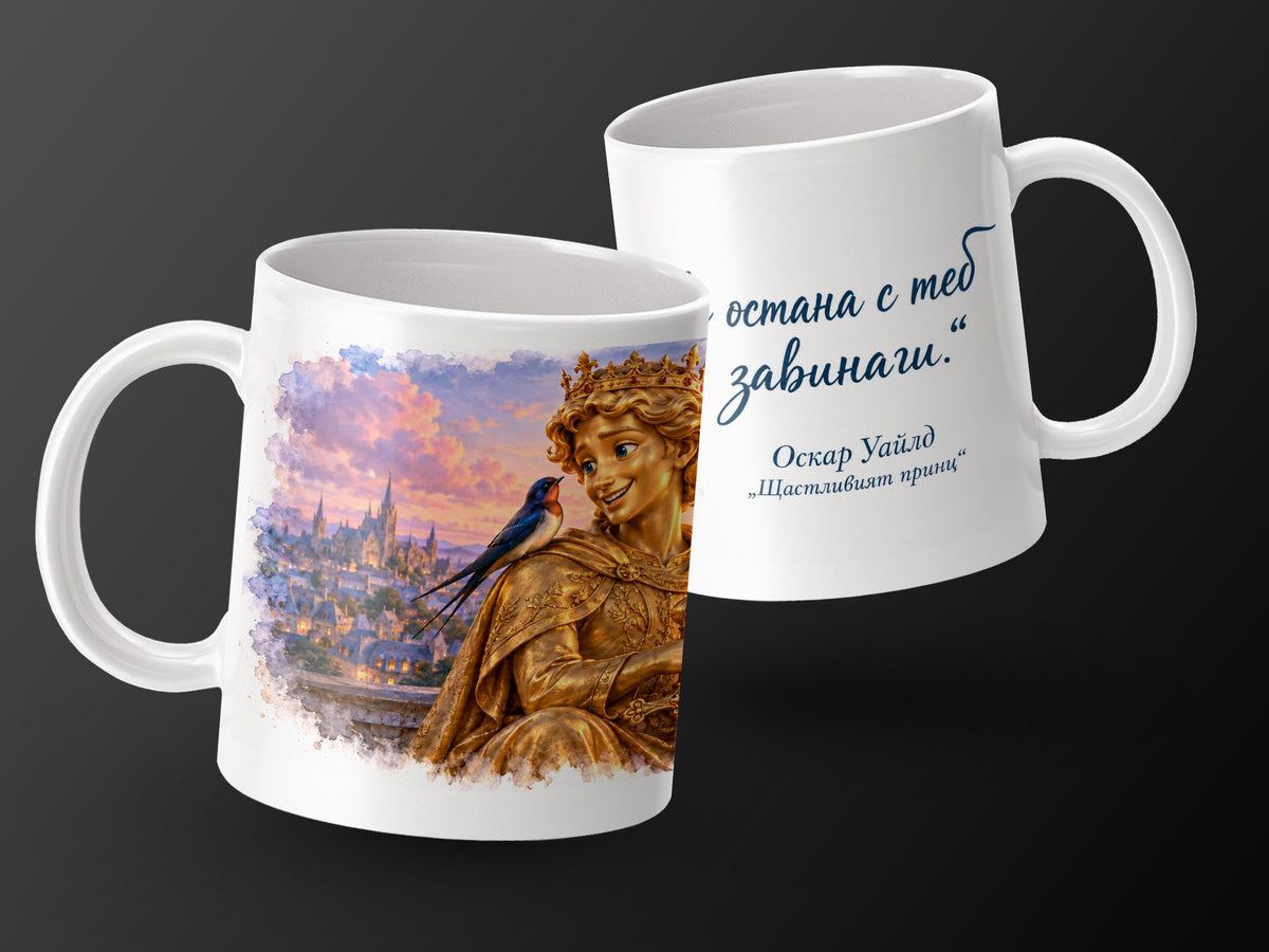 Two white mugs with quotes and illustrations from "The Happy Prince" by Oscar Wilde.