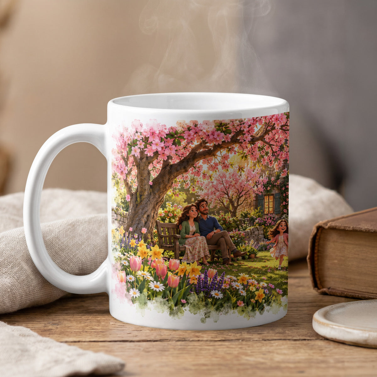 White mug with a vibrant spring garden scene featuring a couple on a bench and a child playing.