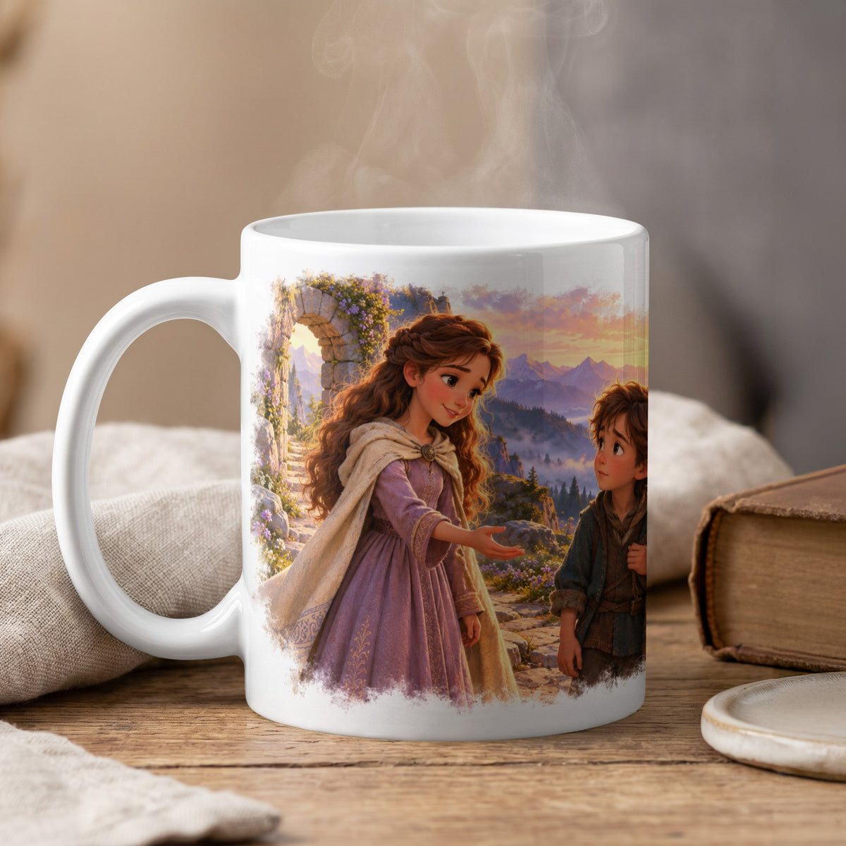 Mug with illustration of a girl and boy in a scenic mountain landscape.