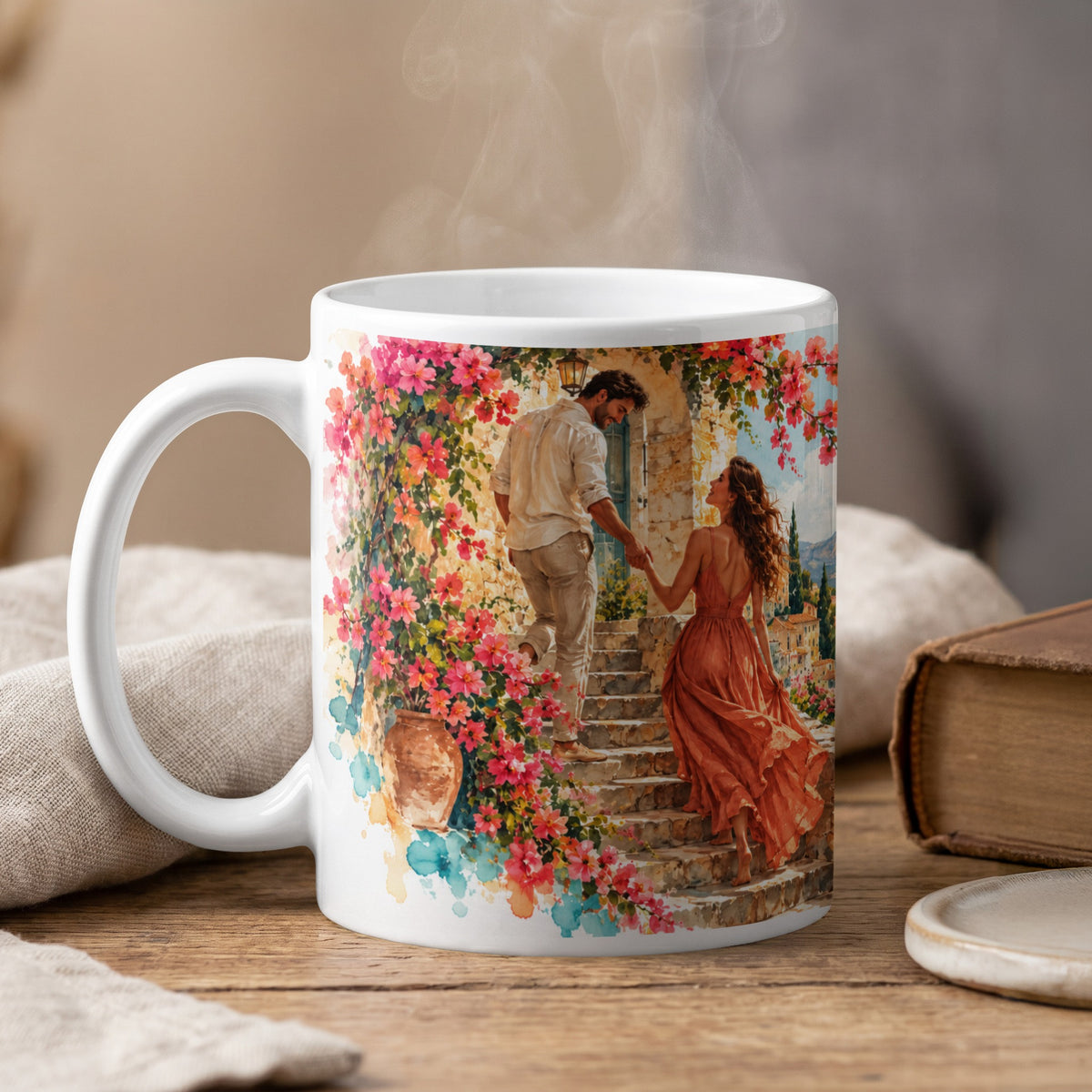 Mug with watercolor painting of couple ascending stairs, surrounded by flowers.