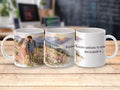 Mug with couple walking, mountains, and text "Когато любовта те повика последвай я...".