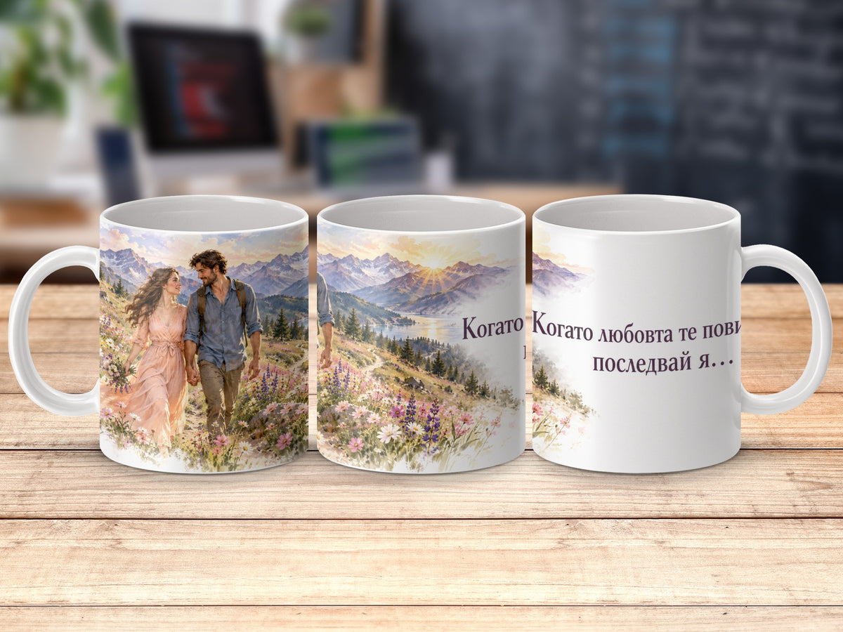 Mug with couple walking, mountains, and text "Когато любовта те повика последвай я...".