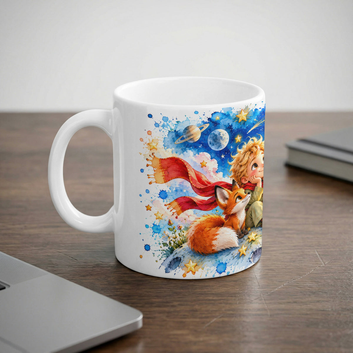 White mug with watercolor art of the Little Prince and a fox on a starry planet.