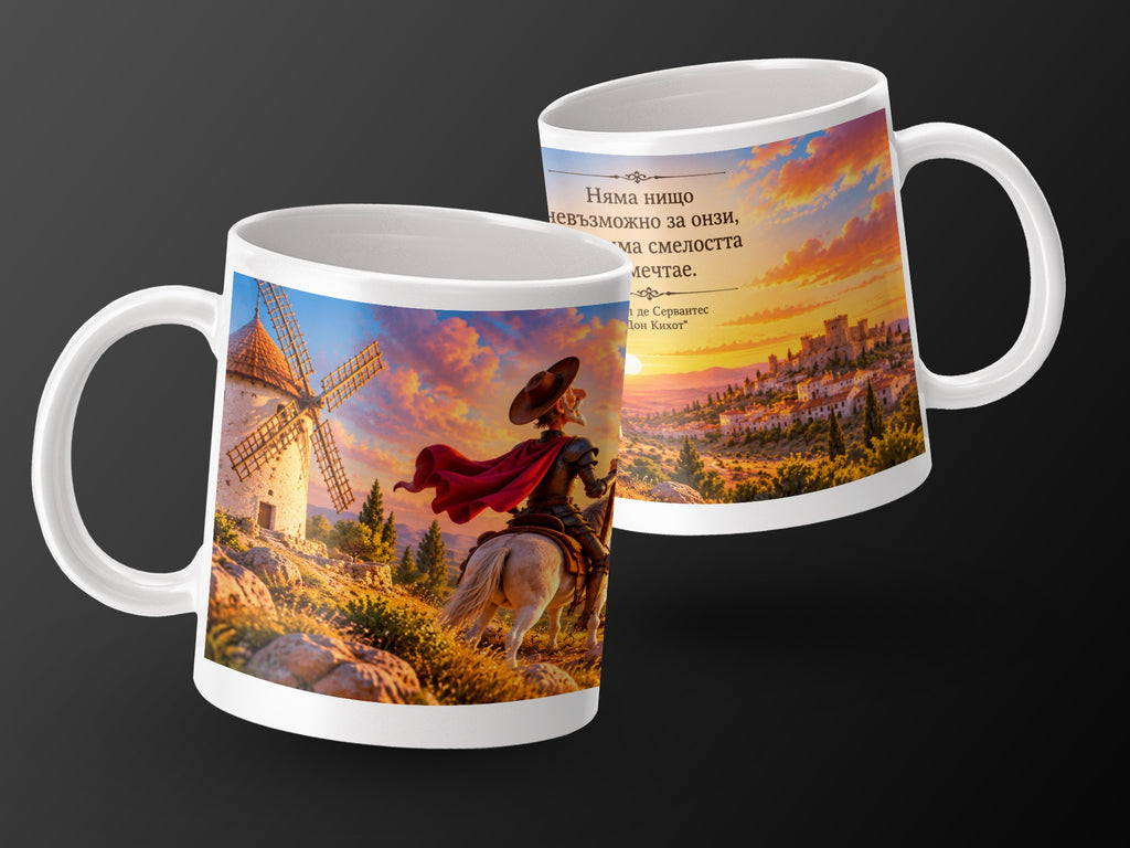 Mug featuring Don Quixote, a windmill, and text about courage and dreams.