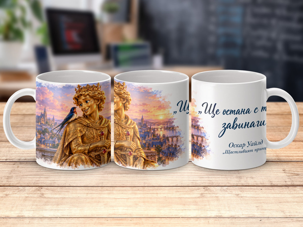 White mugs with golden statue, bird, city, and quote.