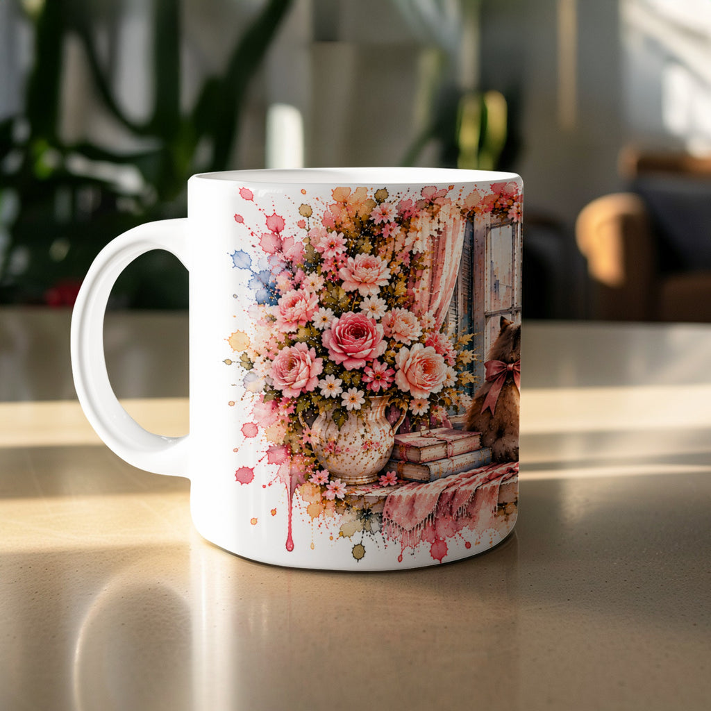 White mug with a watercolor design of pink roses, a vase, books, and a brown cat.