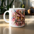 White mug with watercolor art of a Parisian cafe with flowers and outdoor seating.