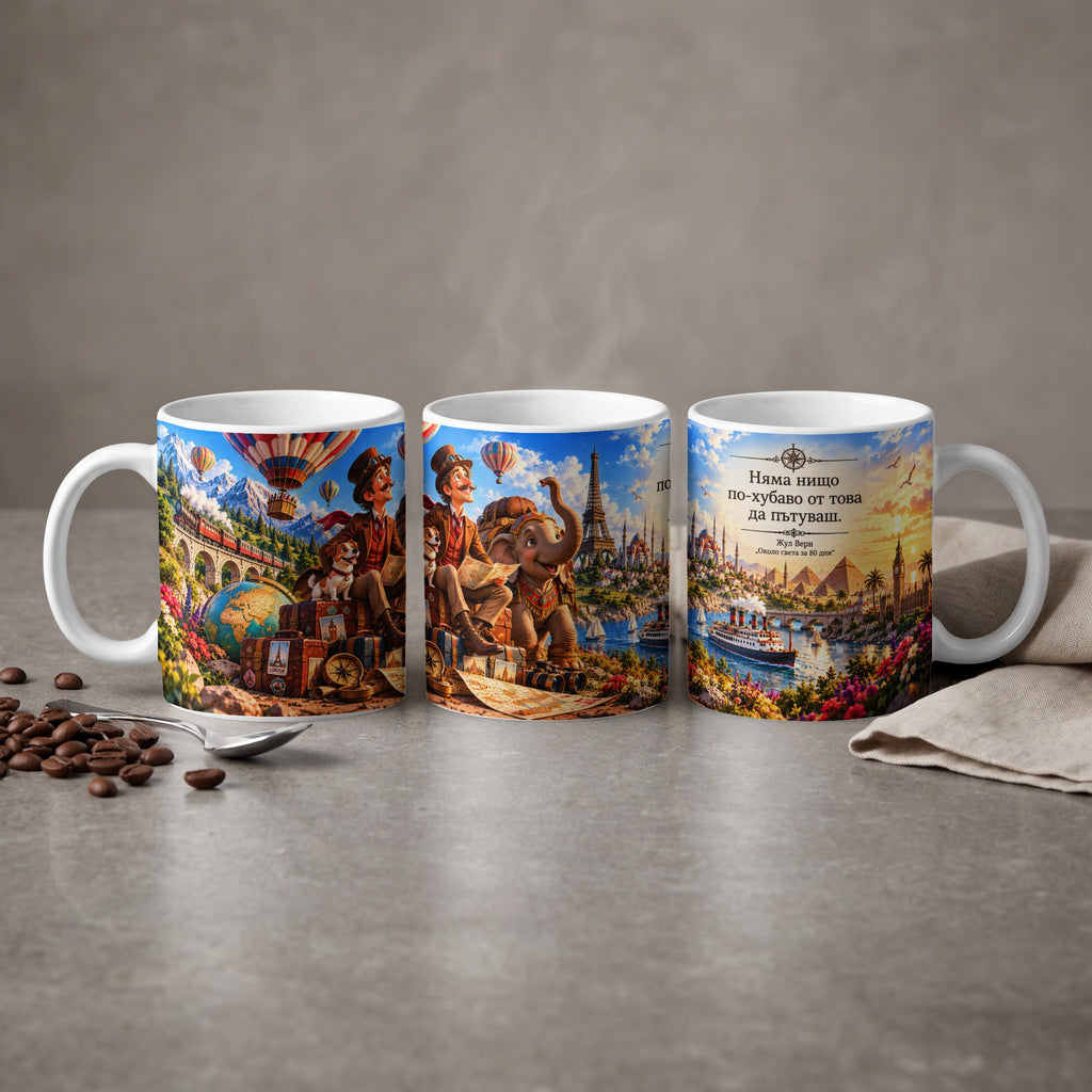 Mug with travel illustrations, hot air balloons, elephant, Eiffel Tower, and text "Няма нищо по-хубаво от това да пътуваш."