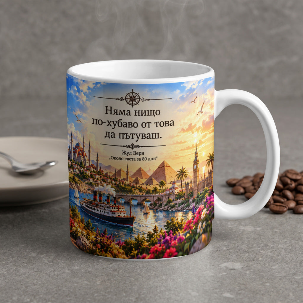 Mug with an illustration of historical landmarks and a quote by Jules Verne.