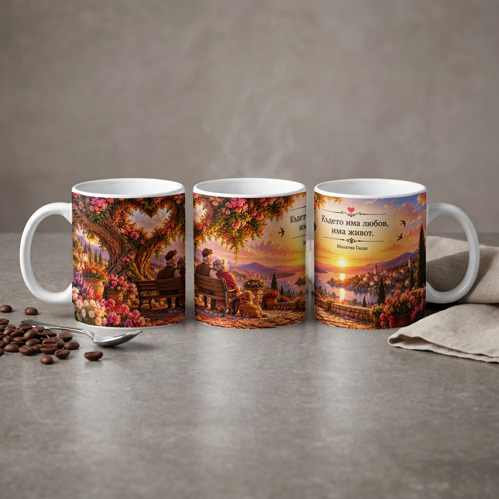 Mugs with romantic sunset scenes and Bulgarian quote: "Where there is love, there is life."