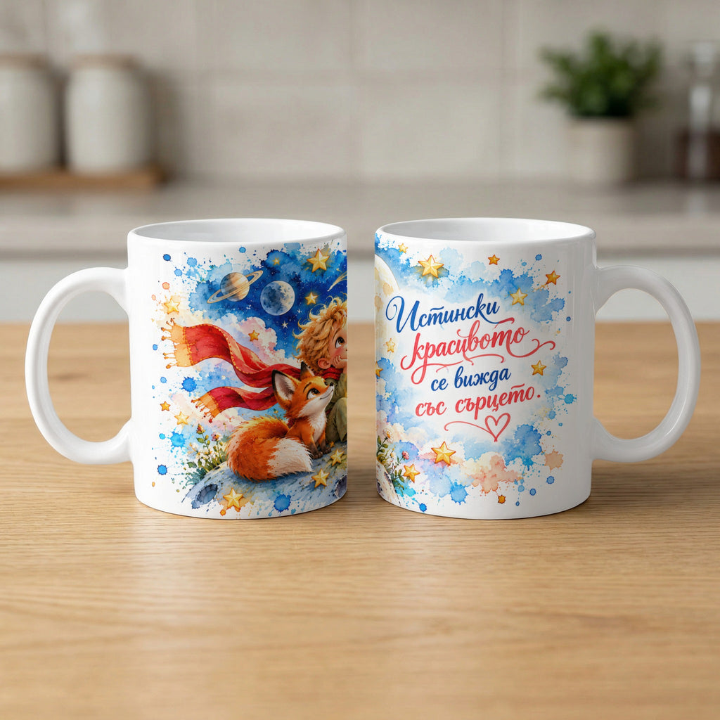 Two white mugs with Little Prince and fox illustration and Bulgarian text.