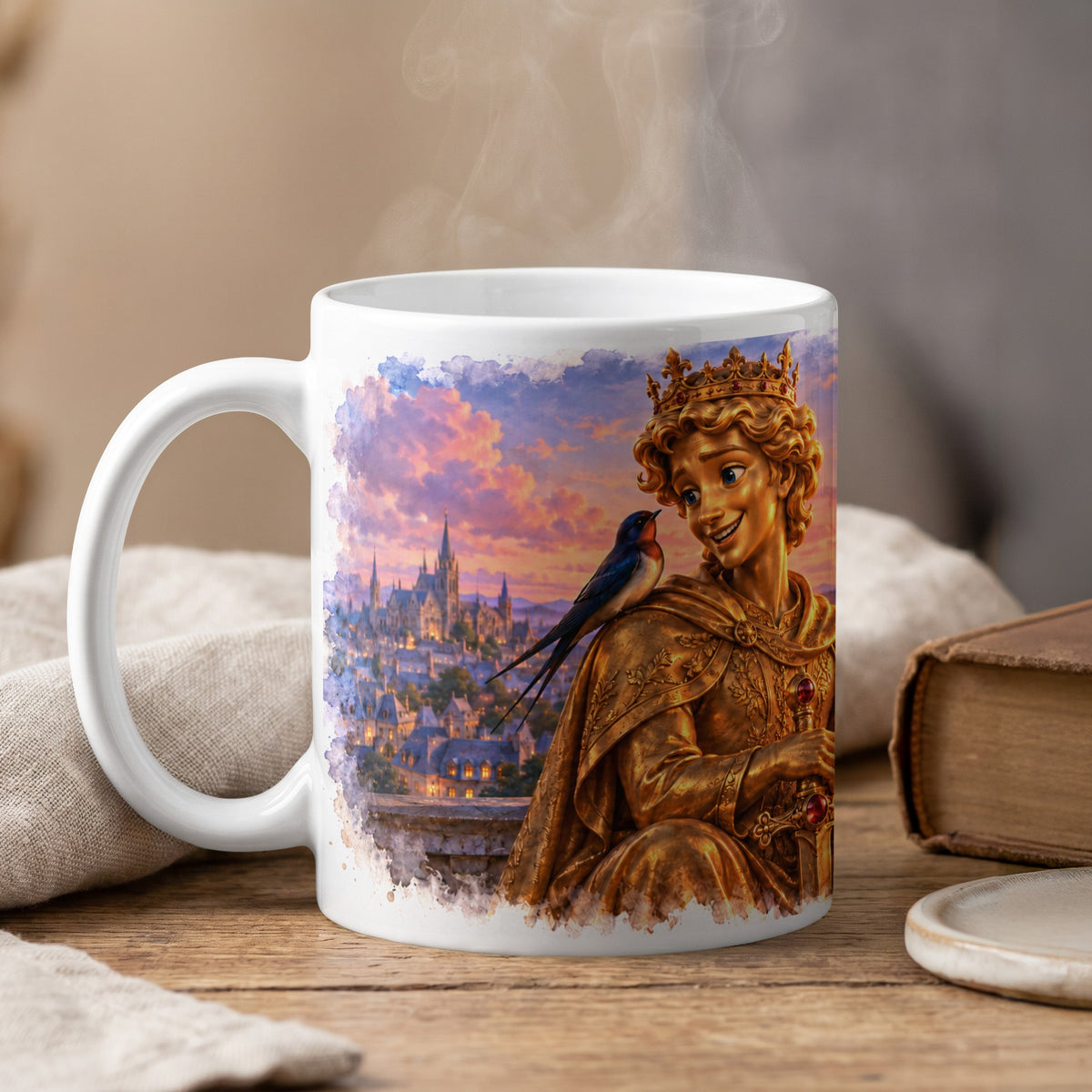 White mug featuring a golden prince with crown and bird, and a castle at sunset.