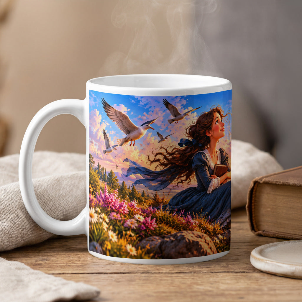 Mug with illustration of a girl in a blue dress with birds flying around her.