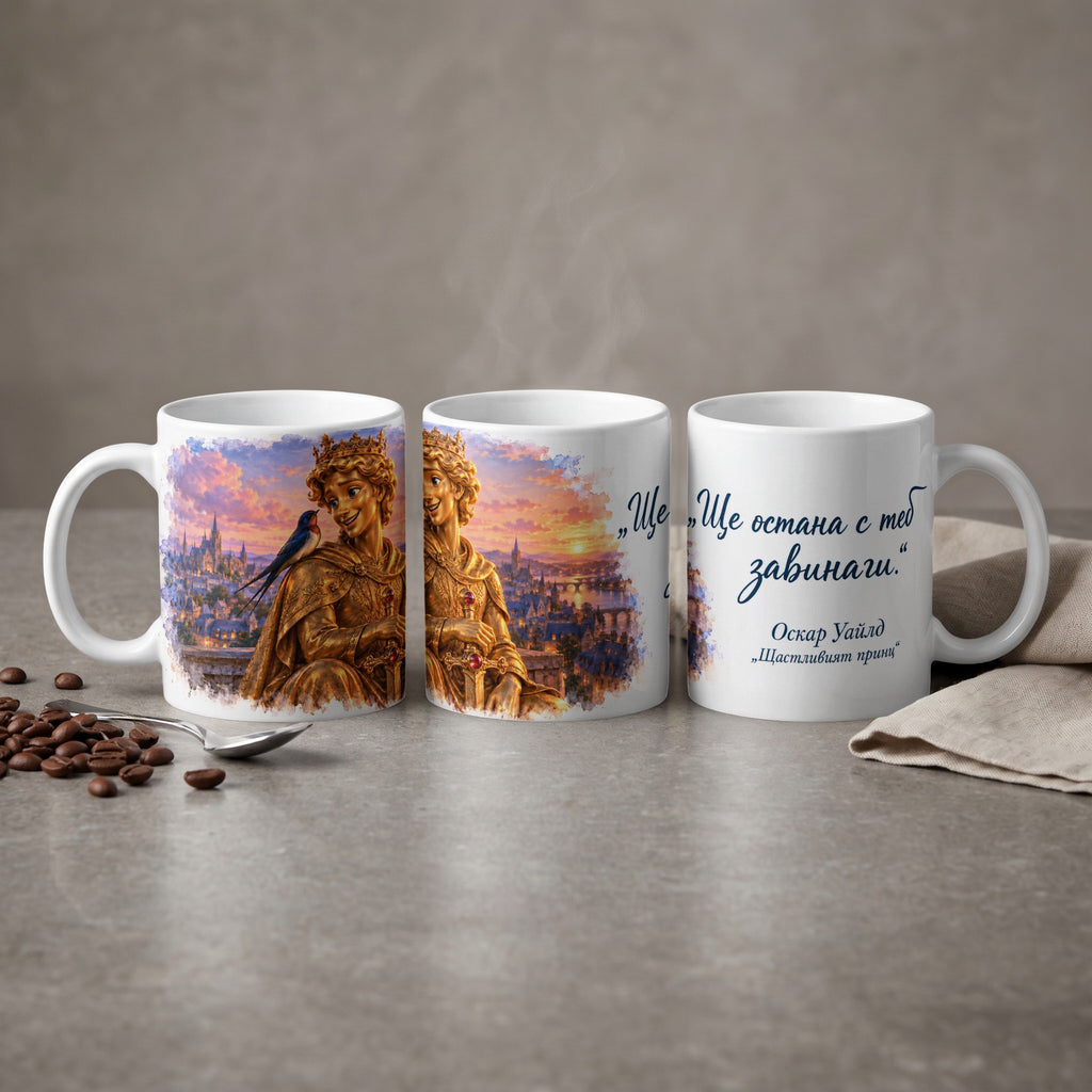 Mug with Oscar Wilde quote and illustration of a crowned figure with a bird.