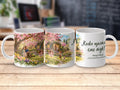Three white mugs display a spring scene with a family and text in Bulgarian.