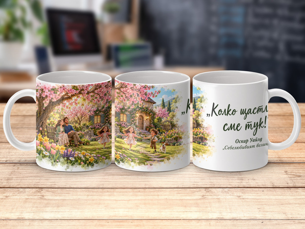 Three white mugs display a spring scene with a family and text in Bulgarian.