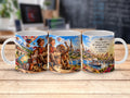 Mug with adventurous characters, hot air balloons, and travel scenes, including text.