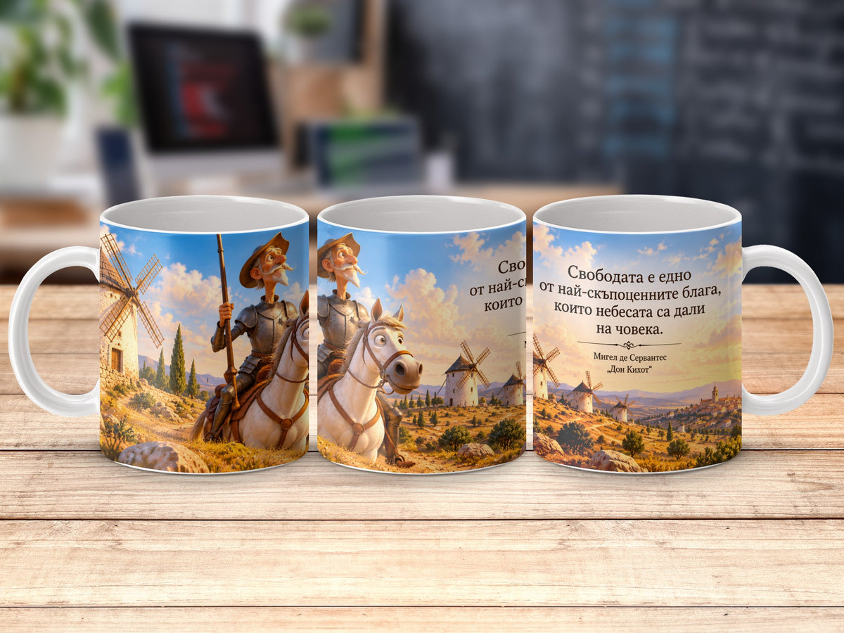 Three mugs featuring Don Quixote and windmills, with text in Bulgarian.