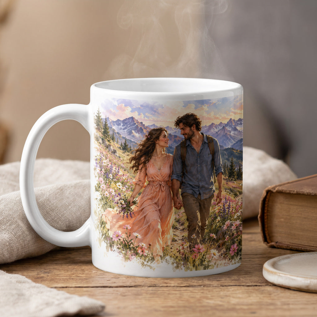 White mug with couple walking through a field of flowers before mountains.