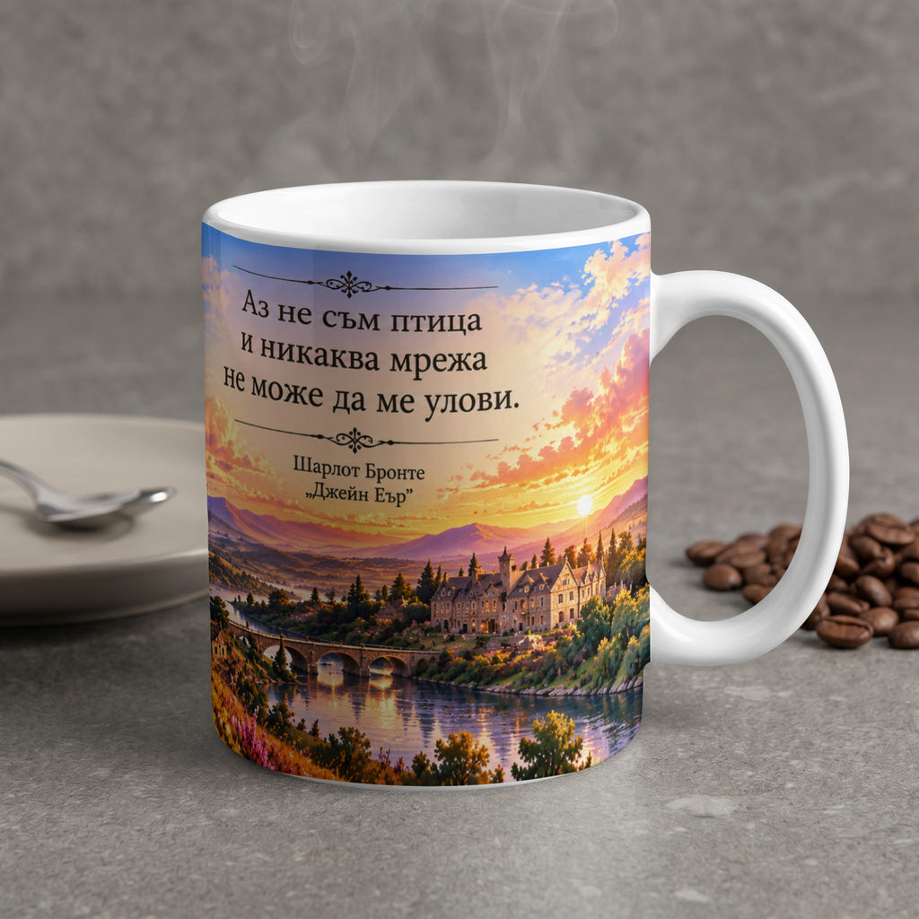 Mug with text "I am no bird and no net ensnares me" and Jane Eyre illustration.