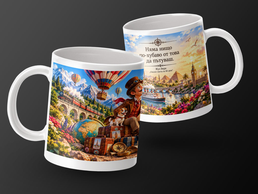 Mug with travel illustration and Bulgarian text: "There's nothing better than traveling."