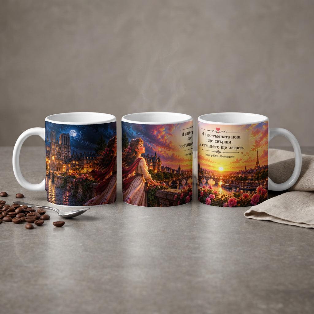 Three mugs with Paris scenes and Bulgarian text featuring a quote by Victor Hugo.