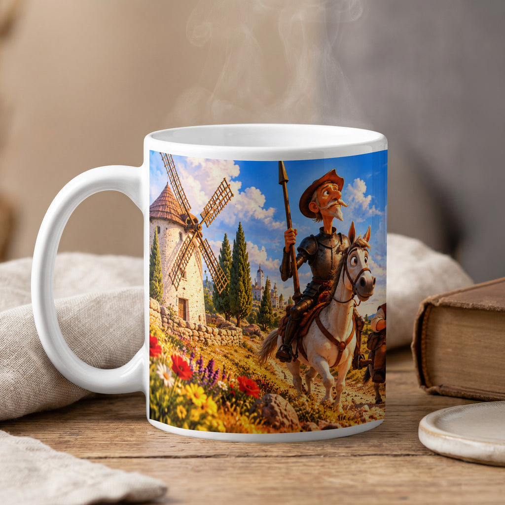 Mug with Don Quixote riding a horse with windmills in the background.