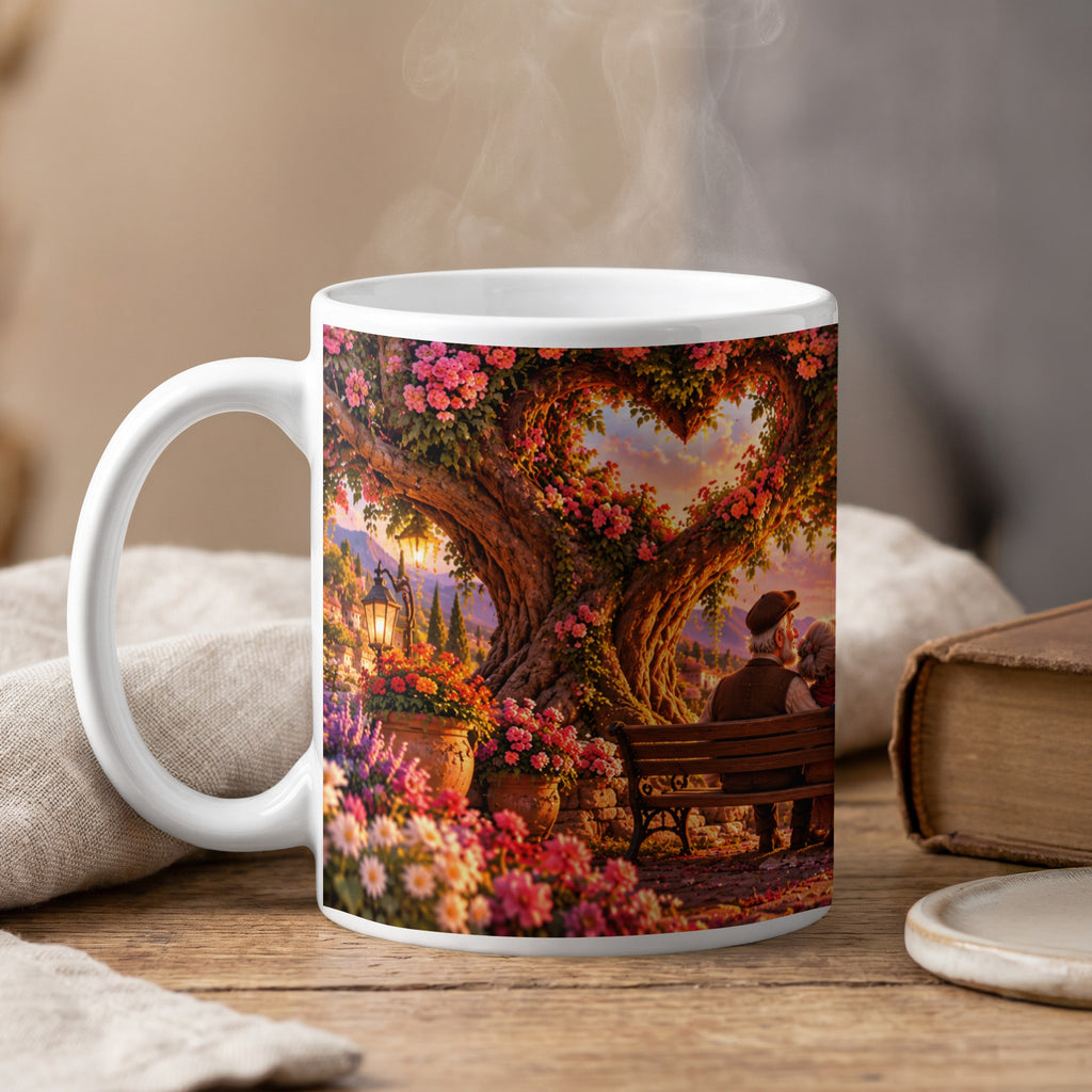 Mug with elderly couple on bench under heart-shaped tree and flowers.